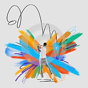 Man, golf player in a white shirt taking a swing over multicolored background. Sports club. Creative art collage.