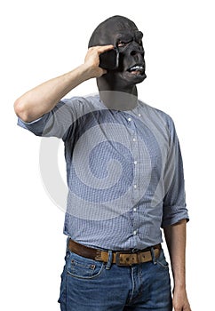 Man in Gorilla Mask Talking on Mobile Phone Isolated Cutout