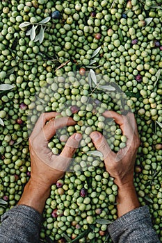 man grabbing a bunch of arbequina olives photo