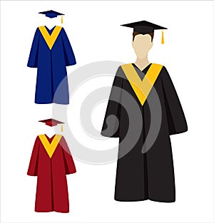 Man in graduation ceremonial clothing. Set of graduate hats, academic squares or student caps and mantles in different