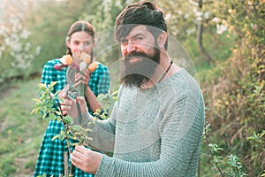 Man Graft branch. Portrait of pair of farms Working In Garden Together. Earth concept. Earth day. Farming gardening and