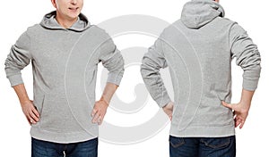 Man in gray sweatshirt template isolated. Male sweatshirts set with mockup and copy space. Hoody design. Hoodie front and back