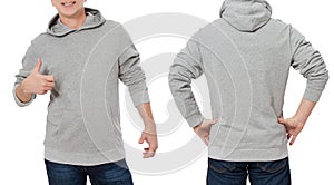 Man in gray sweatshirt template isolated. Male sweatshirts set with mockup and copy space. Hoody design. Hoodie front and back