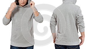 Man in gray sweatshirt template isolated. Male sweatshirts set with mockup and copy space. Hoody design. Hoodie front and back