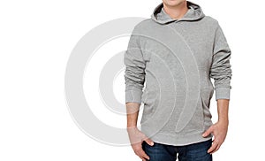 Man in gray sweatshirt template isolated. Male sweatshirts set with mockup and copy space. Hoody design. Hoodie front cropped