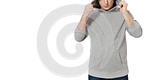 Man in gray sweatshirt template isolated. Male sweatshirts set with mockup and copy space. Hoody design. Hoodie front cropped