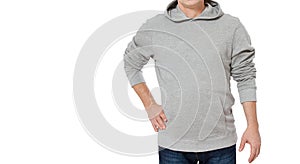 Man in gray sweatshirt template isolated. Male sweatshirts set with mockup and copy space. Hoody design. Hoodie front cropped