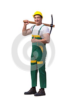 The man in green coveralls with axe isolated on white