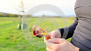 Man in a green field shoots a child`s wooden slingshot, pulls on rubber, toy weapon concept for boys, return to childhood,