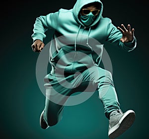 A man in a green hoodie jumping in the air. Generative AI image.