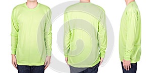 Man in green long sleeve t-shirt isolated on white background