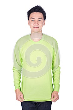 Man in green long sleeve t-shirt isolated on a white background