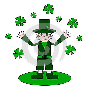 A man in a green suit with clover. St.Patrick `s Day. Vector illustration in a flat style