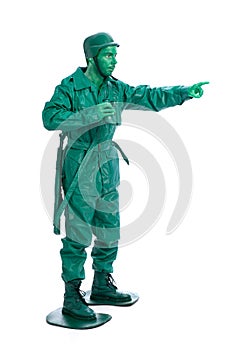 Man on a green toy soldier costume