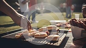 A man grilling burgers and hot dogs at a tailgate party b generative AI