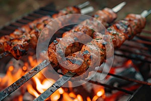 Man grills shish kebab over flames, sizzling with deliciousness