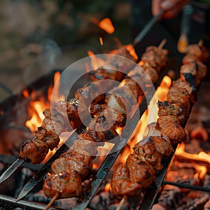 Man grills shish kebab over flames, sizzling with deliciousness