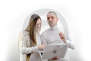 man grimaced and screams telling woman how to use laptop tells student student how to write report abstract scientific