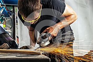 Man grinding metal with a angle grinder