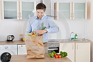 Man With Grocery Bag In Kitchen Room