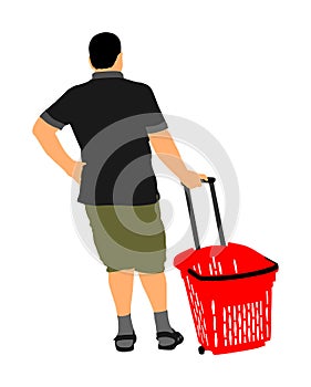 Man in grocery with shopping basket at supermarket, vector.