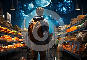 Man grocery shopping at supermarket. A man with a backpack is looking at a display of food