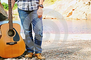 Man and guitar outdoor relax concepts vintage style