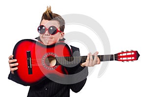 Man guitar player isolated on white