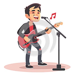 Man with guitar singing on stage, vector illustration