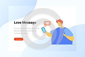 Man Guy Got Love Like Message on Mobile Phone Smartphone Flat vector illustration