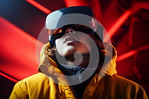 Man guy student user computer technology addict male wearing VR headset virtual reality goggles exploration metaverse
