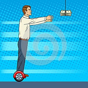 Man on gyroboard chase money pop art vector