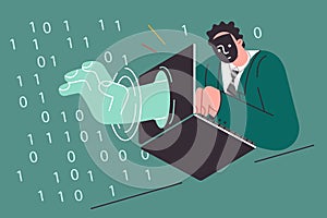 Man hacker penetrates protected space by sticking hand through laptop and stealing confidential data