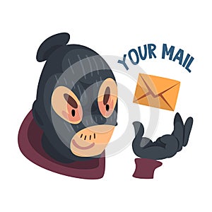 Man Hacker Wearing Mask and Gloves Trying to Hack Mail Vector Illustration