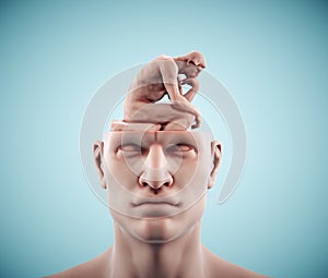 Man with half head and a thoughtful man sitting inside