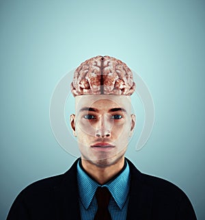 Man with half a head and a visible brain. Wisdom and smart thinking concept