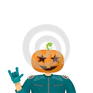 Man in halloween costume with pumpkin mask isolated on white background. Happy Halloween rock n roll party background