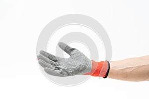 Man hand with anti slip gloves on white background