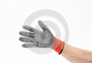 Man hand with anti slip gloves on white background