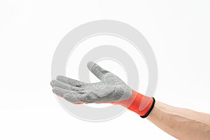 Man hand with anti slip gloves on white background