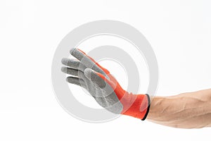 Man hand with anti slip gloves on white background