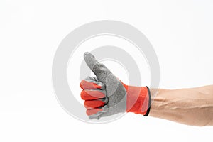 Man hand with anti slip gloves on white background