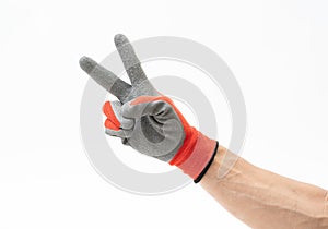 Man hand with anti slip gloves on white background