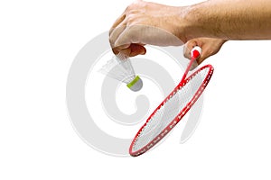 Man hand in badminton serving position