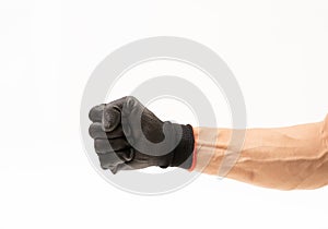 Man hand with black anti slip gloves on white background