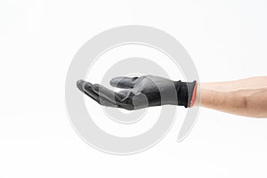 Man hand with black anti slip gloves on white background