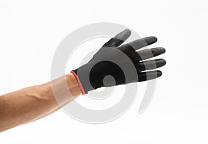 Man hand with black anti slip gloves on white background