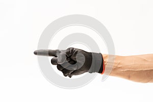 Man hand with black anti slip gloves on white background