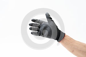 Man hand with black anti slip gloves on white background