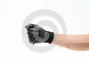 Man hand with black anti slip gloves on white background